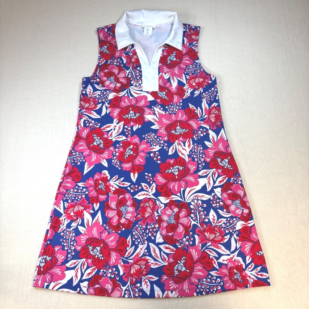 Sigrid Olsen Golf‎ and Tennis Dress Womens M Blue Pink Floral Sleeveless Polo